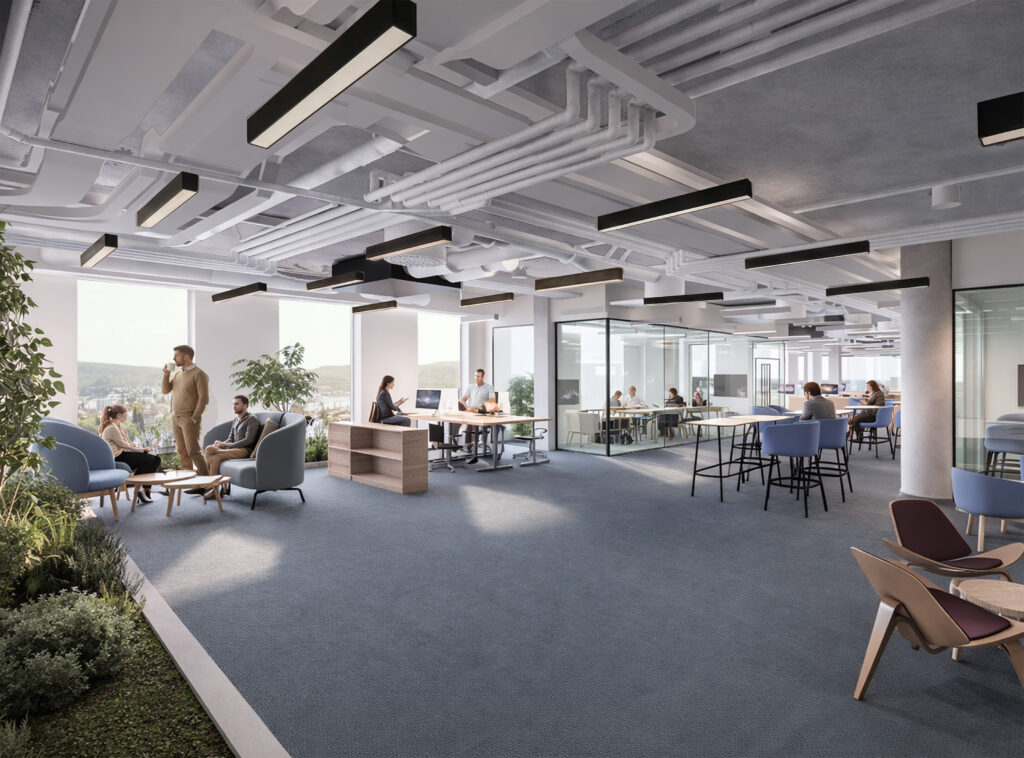 Modern open-plan office with people collaborating, working at desks, and sitting in lounge areas.