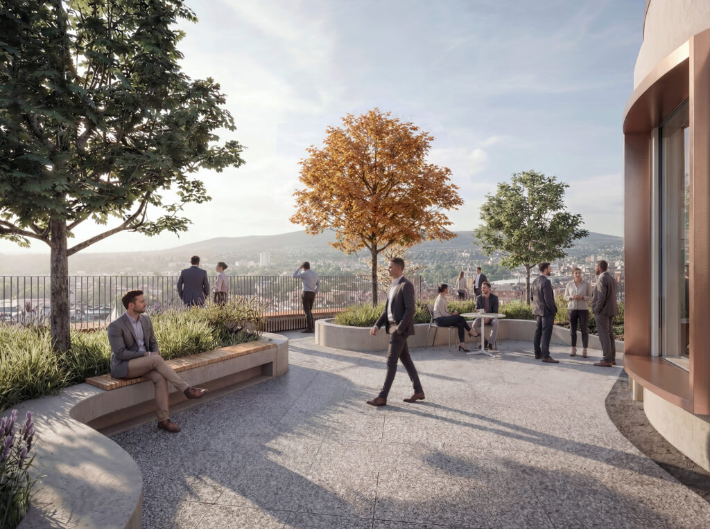 People in business attire socialise on a rooftop terrace with trees, benches, and city views in the background.